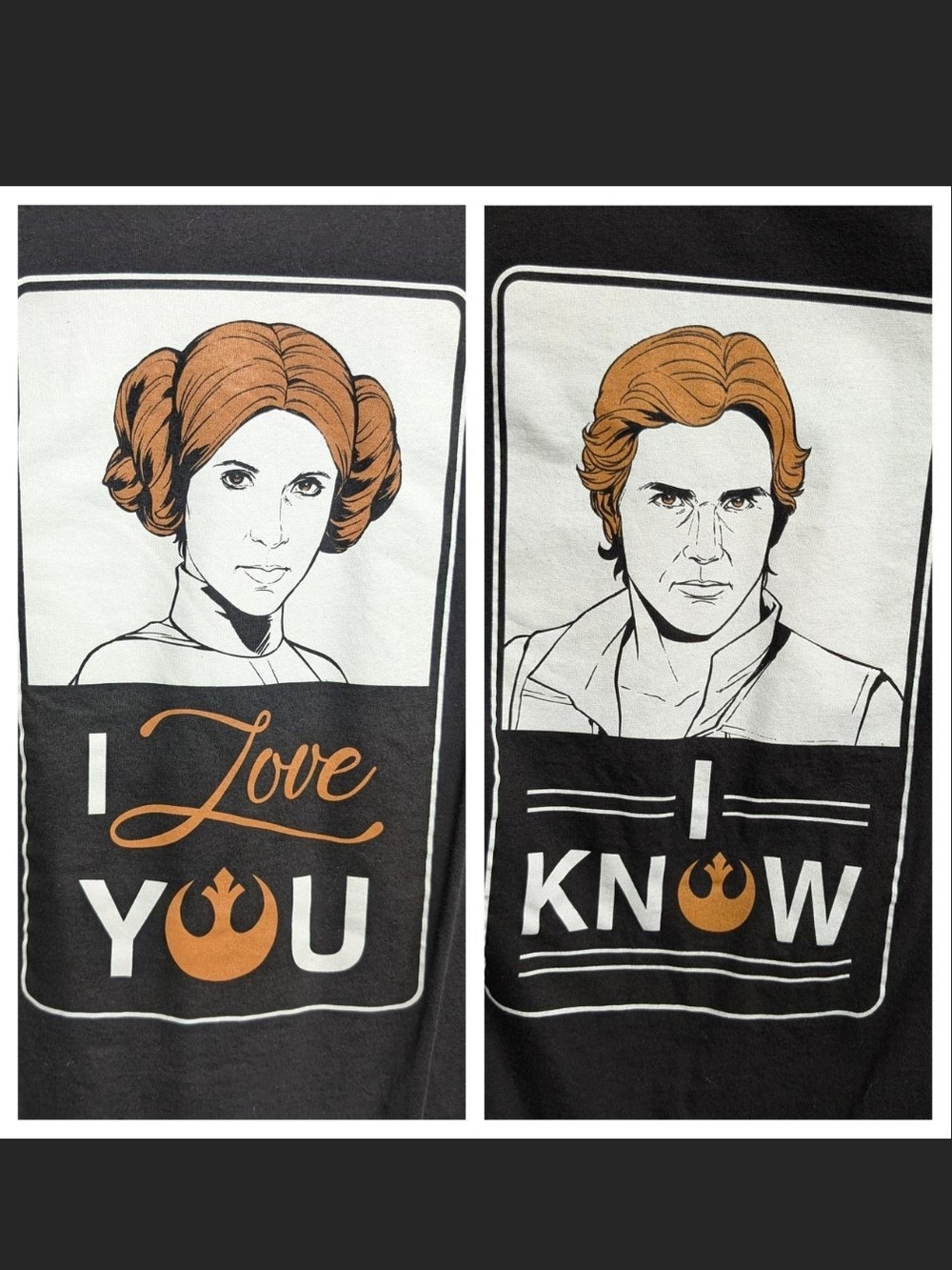 Star Wars Han Solo & Leia Organa "I Love You, I Know" couples t-shirt set Large